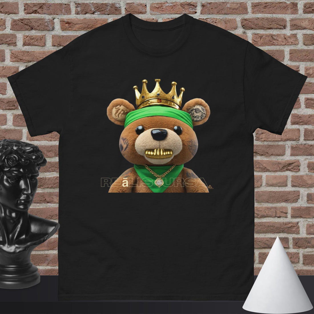 Black Realis Ursa classic tee shown from the front, a 100% cotton mid-weight streetwear tee from Reality&Growth